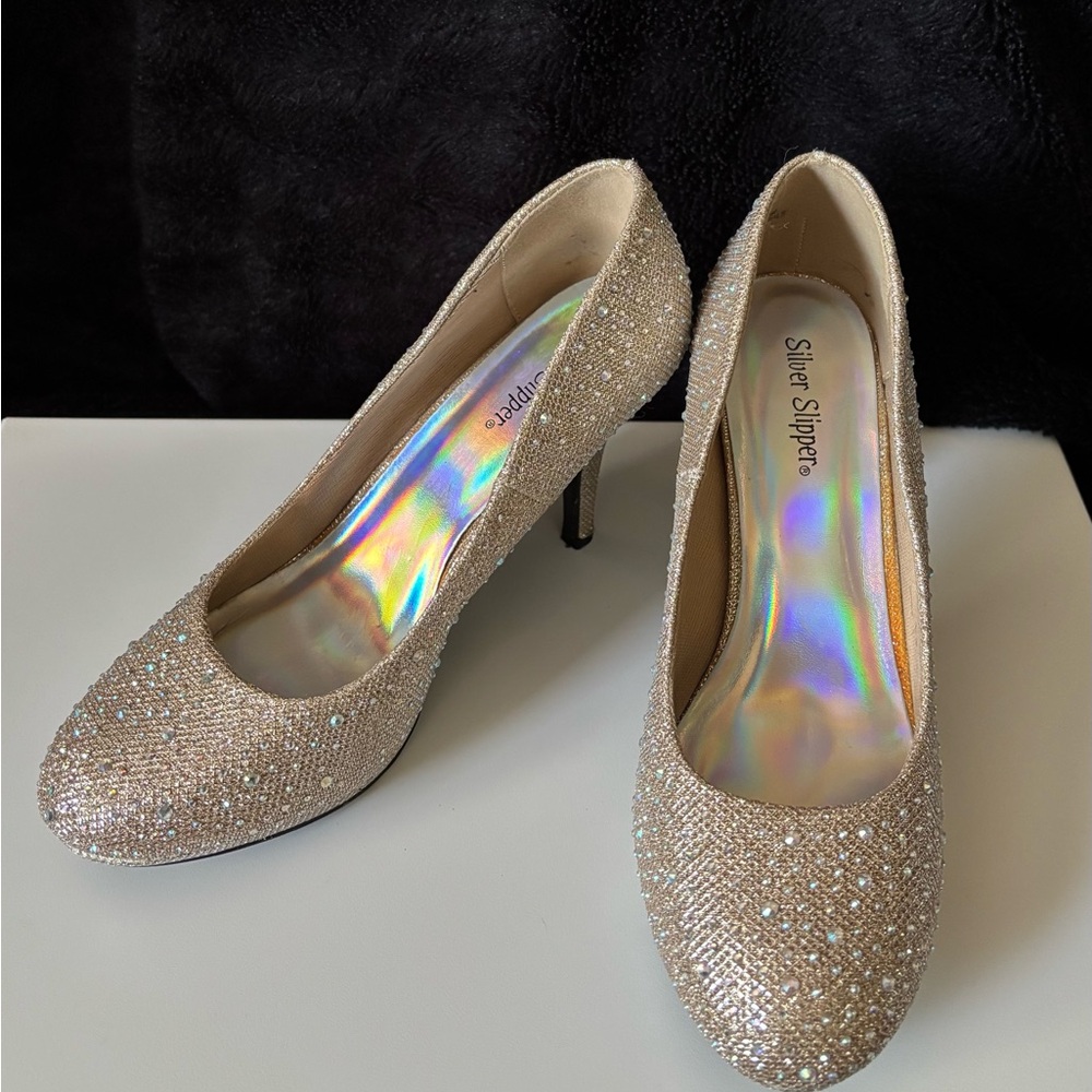 Gold Sparkly Heels with Rhinestone Embellishments